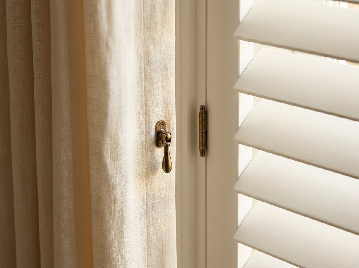 Close-up of linen fabric, a shutter louver and brass hardware detail