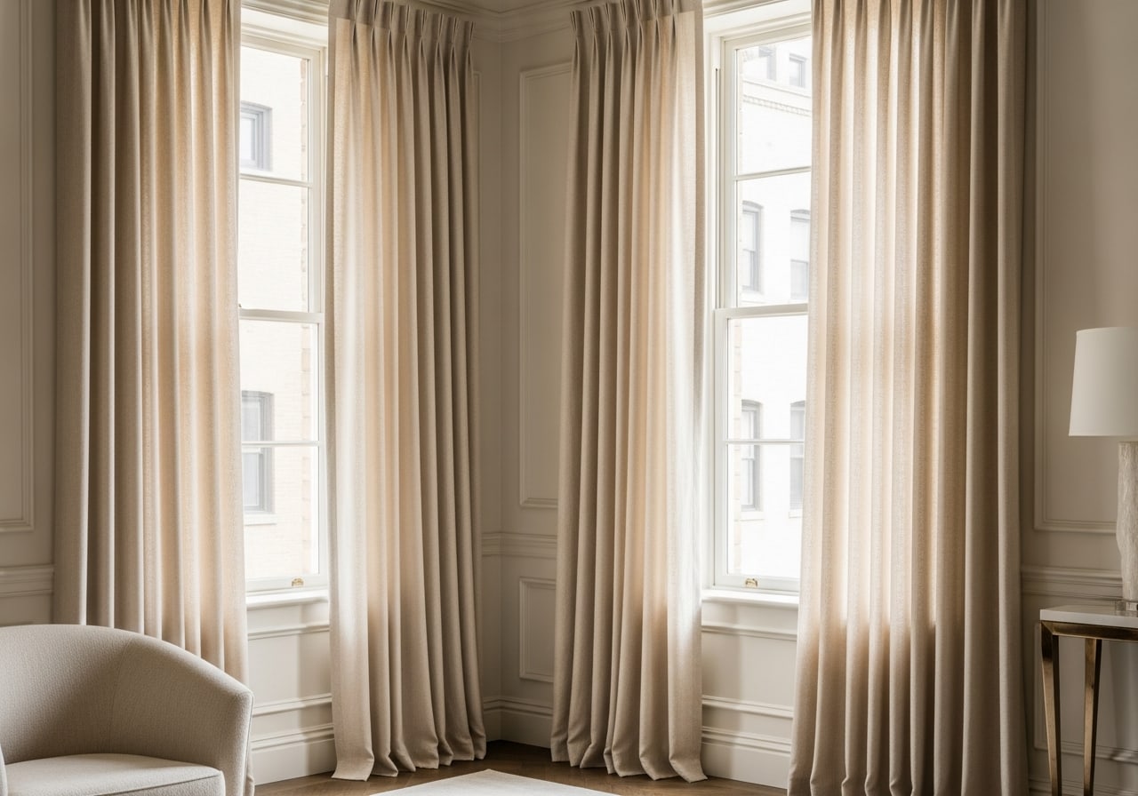 Living room with floor-length custom drapery panels