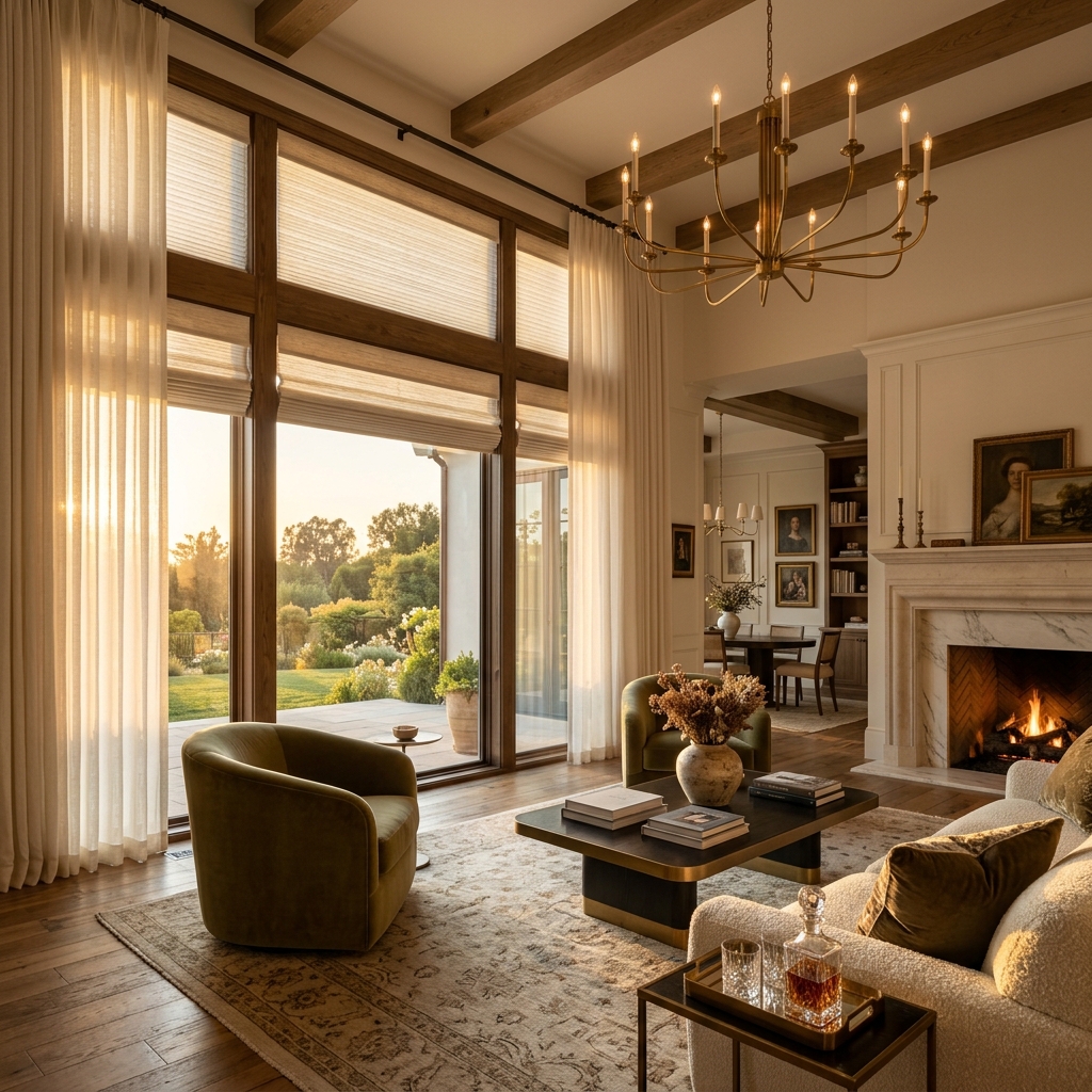 A light-filled Northwest Arkansas living room at golden hour with layered cellular shades and sheer drapery framing tall windows