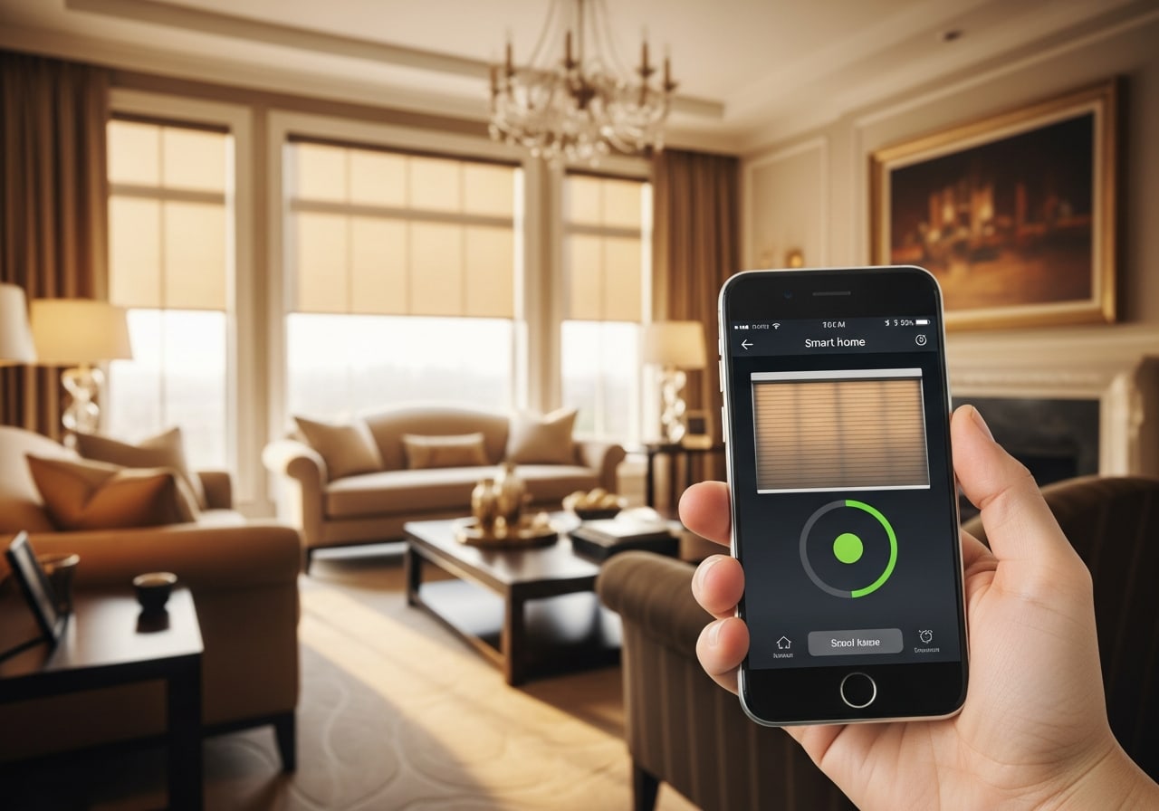 Living room with motorized shades raising in unison, a phone app showing scheduled scenes