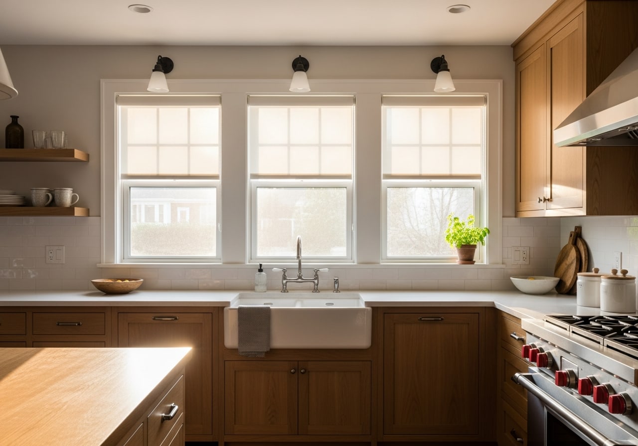 Kitchen with tailored roller shades over the window