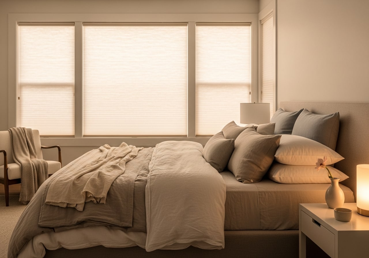 Bedroom with cellular honeycomb shades softening daylight