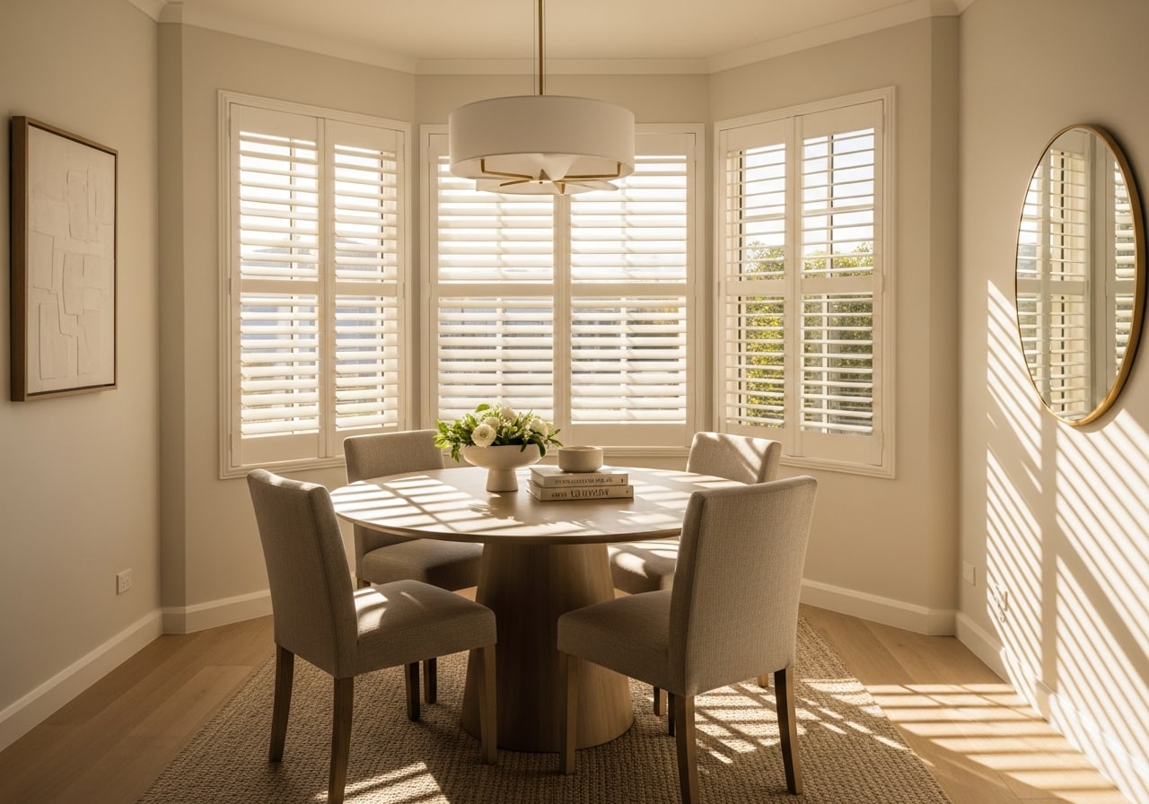 Dining nook framed by white plantation shutters